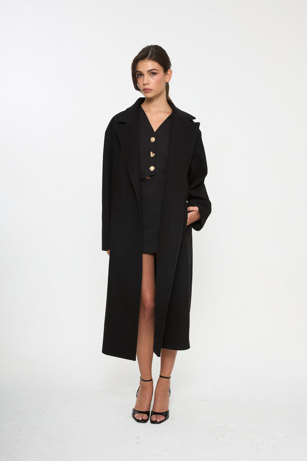 Veylora Yün Karışımlı Uzun Kaban Siyah