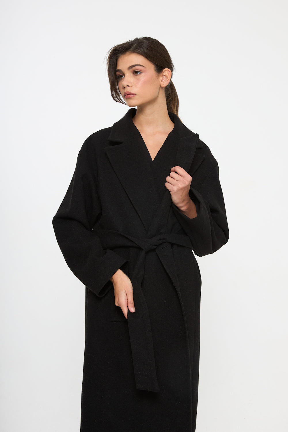 Veylora Yün Karışımlı Uzun Kaban Siyah