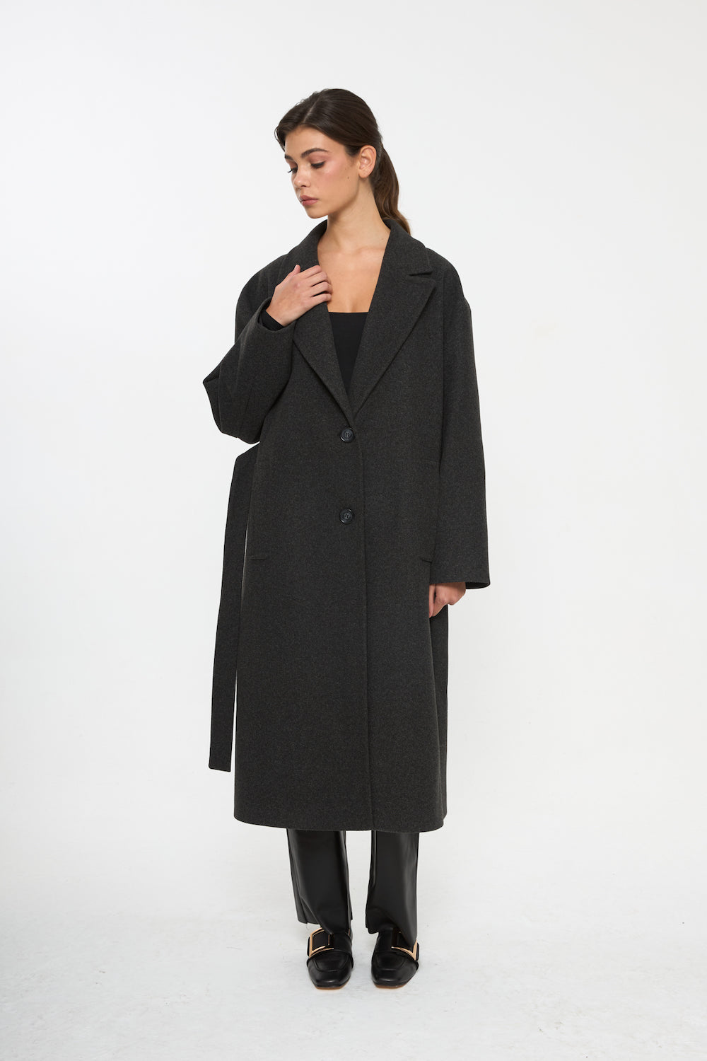 Veylora Yün Karışımlı Uzun Kaban Gri