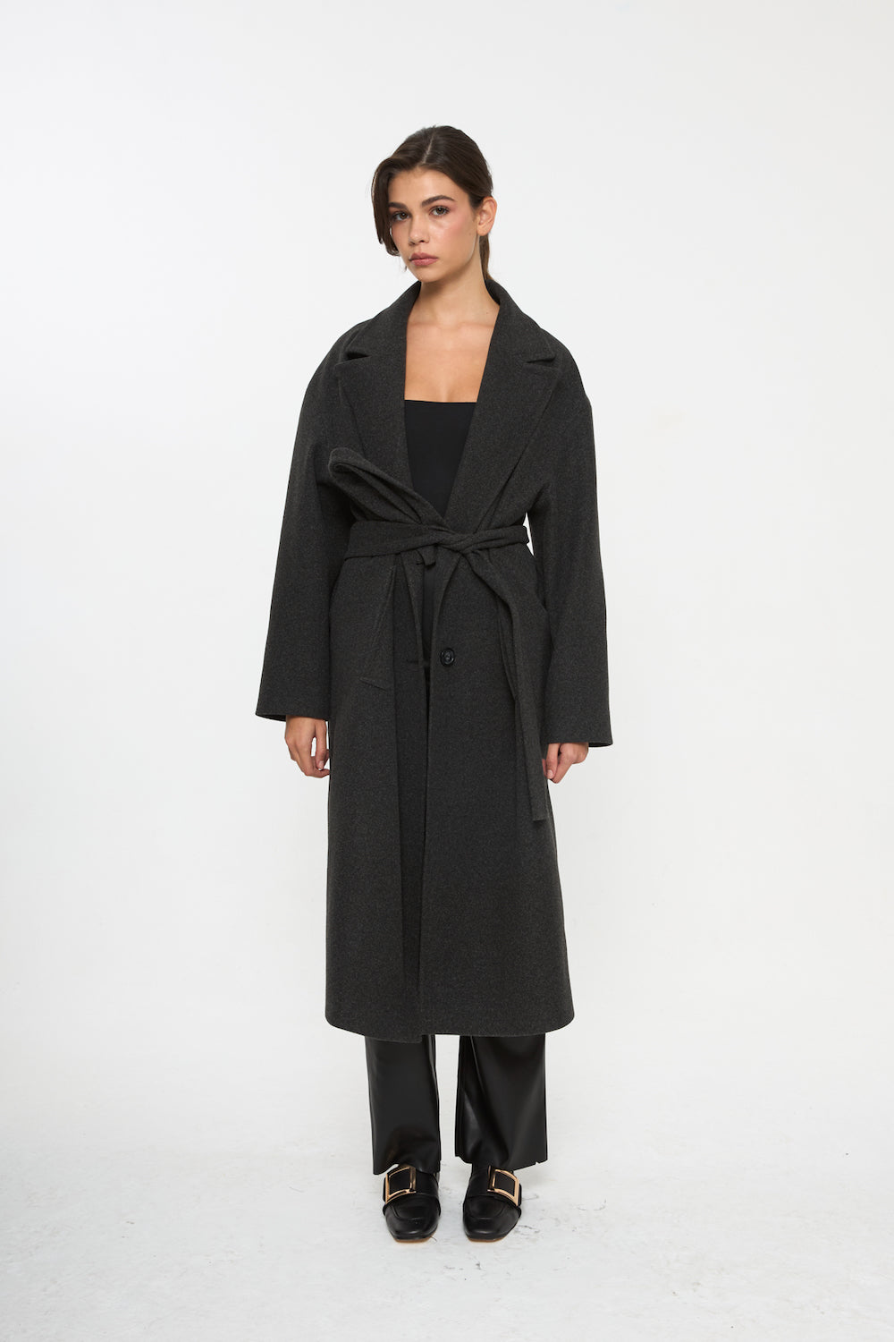 Veylora Yün Karışımlı Uzun Kaban Gri