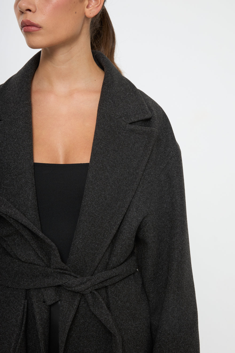 Veylora Yün Karışımlı Uzun Kaban Gri