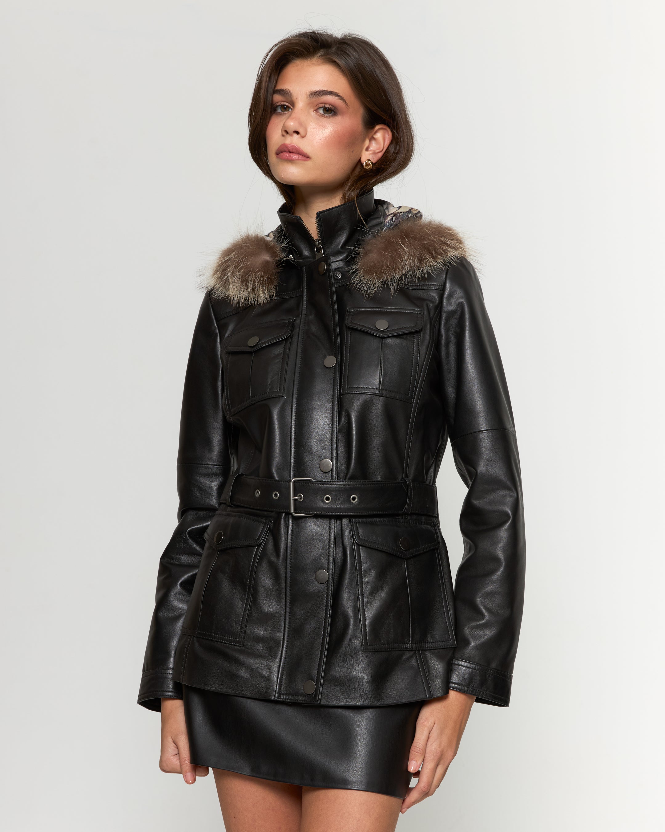 Arctıc Hakiki Deri Kürk Kapüşonlu Kemerli Ceket