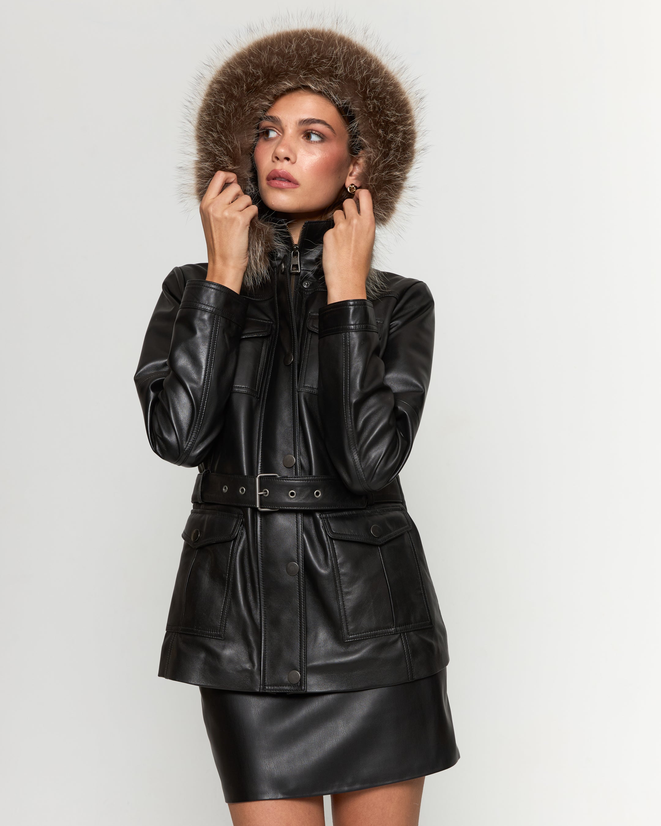 Arctıc Hakiki Deri Kürk Kapüşonlu Kemerli Ceket