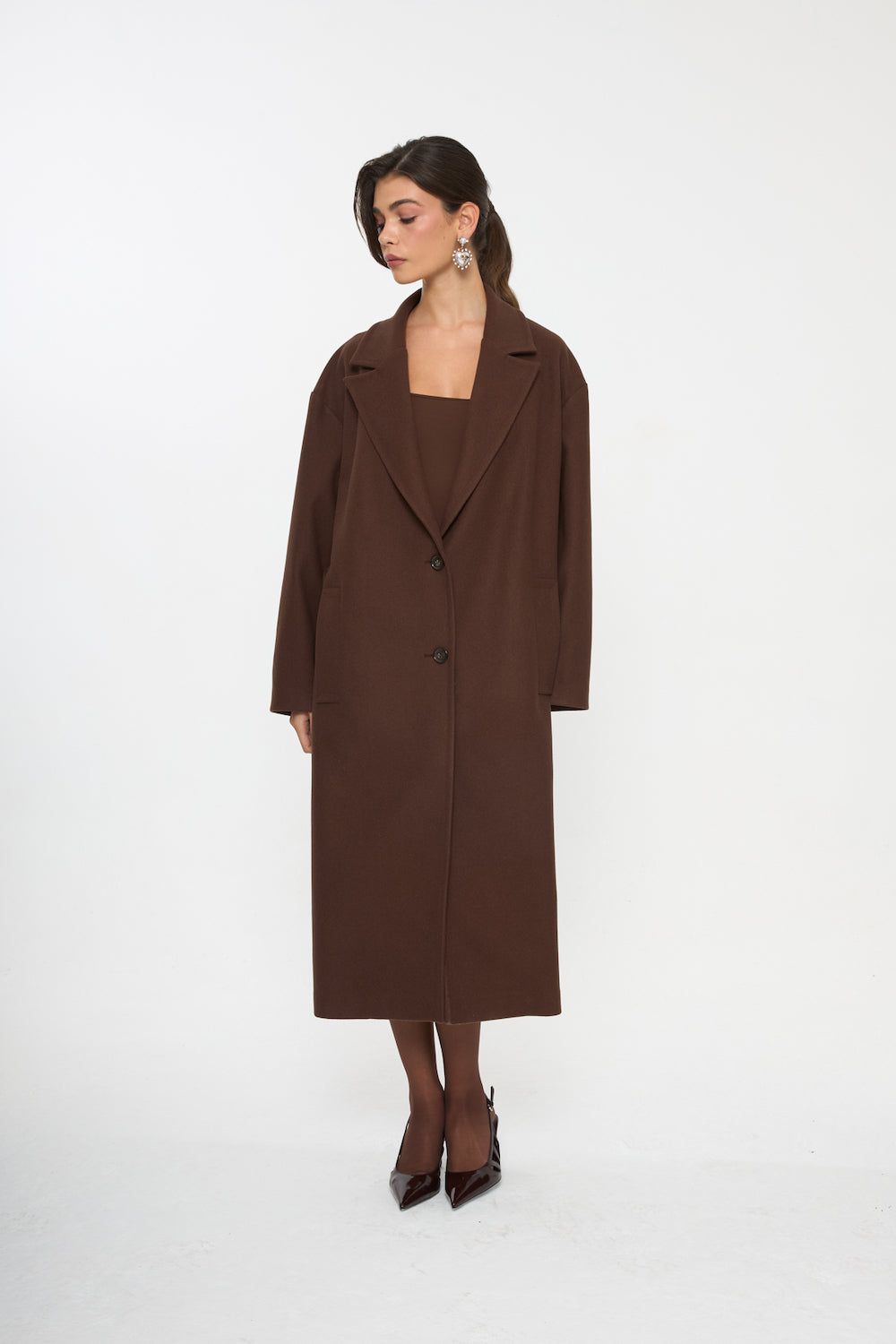 Veylora Yün Karışımlı Uzun Kaban Kahverengi