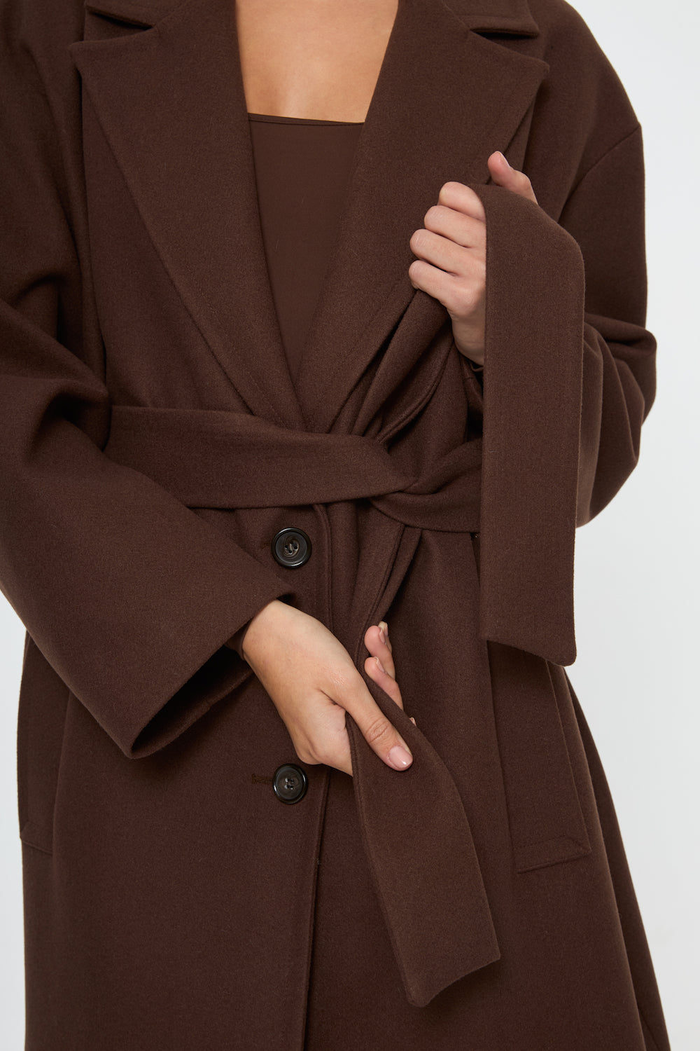 Veylora Yün Karışımlı Uzun Kaban Kahverengi